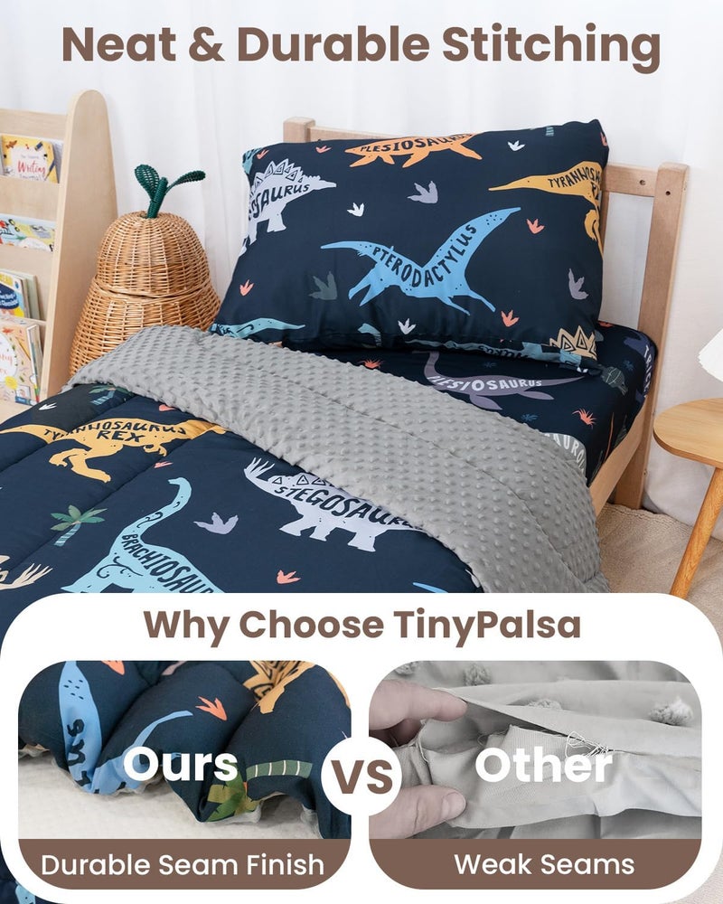TinyPalsa Dinosaur Toddler Bedding Set, 4-Piece Comforter Set for Girls and Boys, Breathable Crib Bedding Includes Ultra-Soft Plush Minky Comforter, Flat and Fitted Sheets, and Reversible Pillowcase - Image 5
